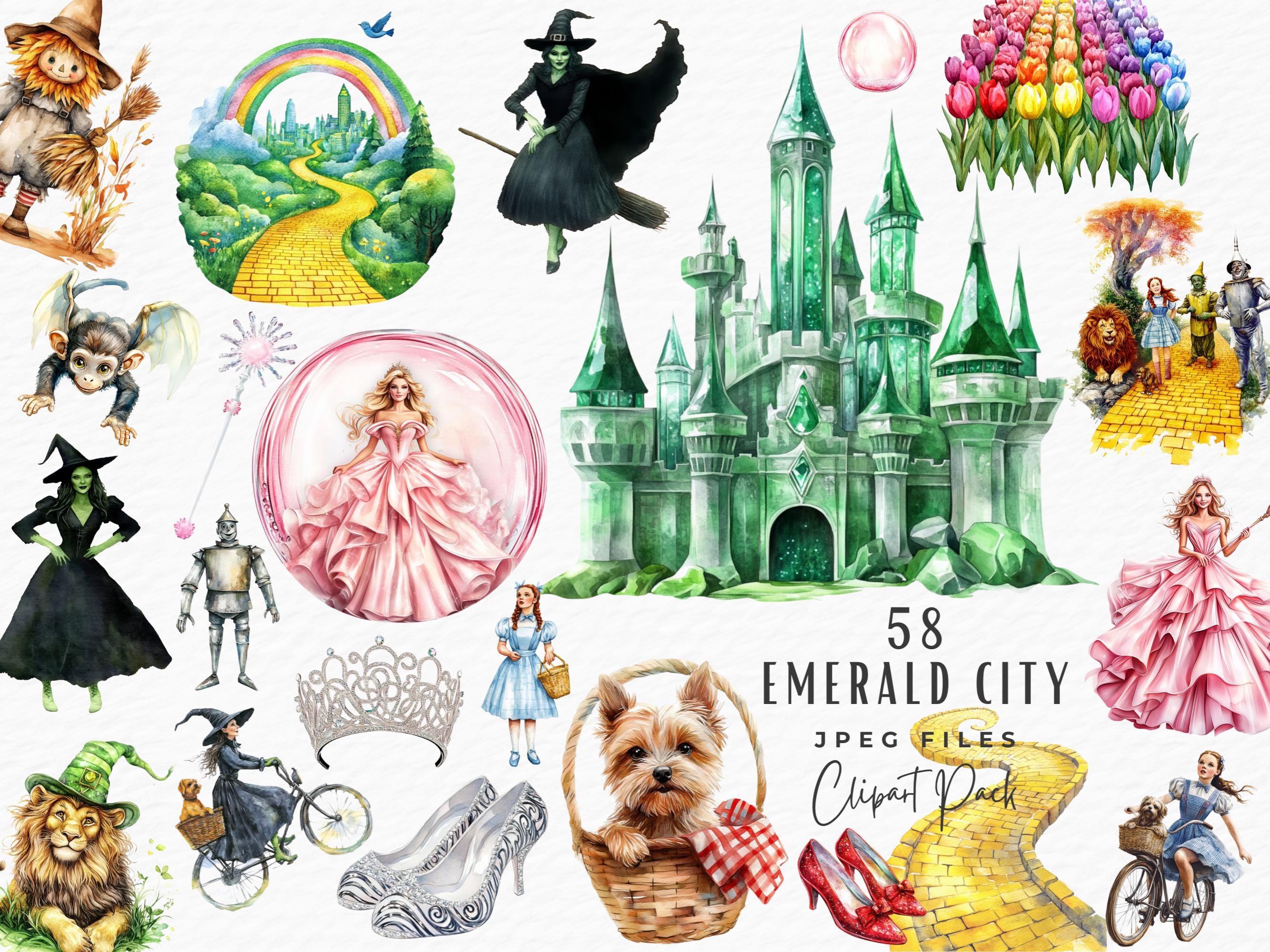 Emerald City Clipart Bundle, 58 Watercolor Wizard of Oz Wicked Clipart JPEG Digital Download, Yellow Brick, Road Ruby Slippers, Wicked Witch