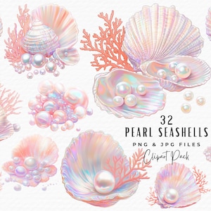 Aquarel zeeschelpen parels clipart, 32 aquarel vakantie oceaan schelpen met parels nautische clipart, digitale download commercieel gebruik