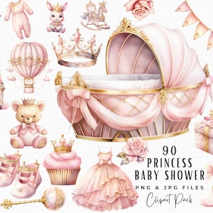 Aquarell Prinzessin Clipart, 90 rosa Märchen Kleine Prinzessin Babyparty Geburtstag Clipart Bundle PNG JPG, digitaler Download, kommerzielle Nutzung