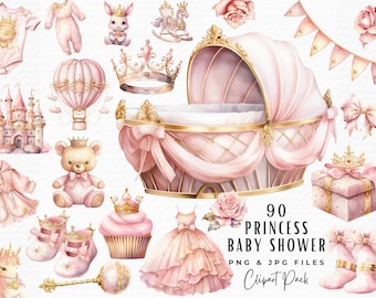 Watercolor Princess Clipart Bundle, Pink Fairytale Baby Shower (Digital Download)