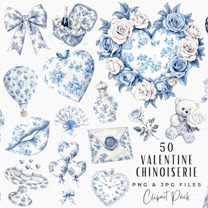 Valentine Toile Clipart, 50 Watercolor Blue & White Grandmillenial Chinoiserie Valentines Day Clipart PNG, Digital Download Commercial Use