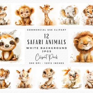 Bundle de cliparts animaux Safari mignon aquarelle, décoration de chambre de bébé animal de la jungle Shower de bébé Art mural Clipart en téléchargement numérique, usage commercial