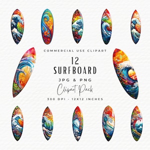 Surf Board Clipart Watercolor Digital Download | 12 Surfer Surfing Wave Clipart Bundle | Vacation Surf Shop Illustration Clip Art PNG JPEG