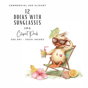 Duck with Sunglasses Clipart Bundle, Watercolour Quirky Funny Duck JPG Digital Download, Vacation Cocktail Deckchair Bird Clipart Bundle