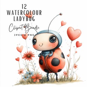 Clipart acquerello Coccinelle e cuori PNG / 12 Love Bug con cuori e fiori Clipart / 12 Clip Art coccinella acquerello / Download digitale