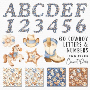 Cowboy Alphabet Clipart Bundle, 60 Watercolor Western Baby Boy Letters & Numbers Cowboy Clipart, Digital Download, Boy Baby Shower Clipart