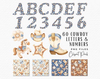 Watercolor Cowboy Alphabet Clipart: Western Letters & Numbers (Digital Download)