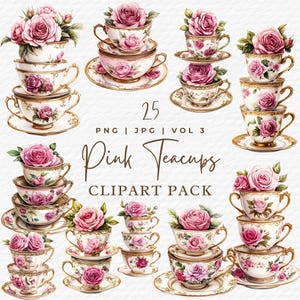 Clipart di tazze da tè impilate, PNG acquerello vintage per scrapbooking, arte floreale rosa per il tè party, illustrazioni per download digitale, uso commerciale
