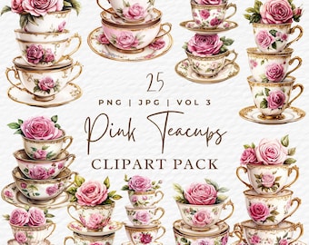 Blumen Tee Tassen Clipart, Vintage Aquarell PNG, Tea Party Art (digitaler Download)
