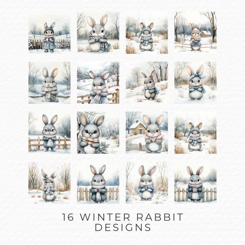 Watercoller Winter Rabbit Winter Scenes Clipart Bundle, Rabbit Snowy Landscapes Graphics, Digital ...