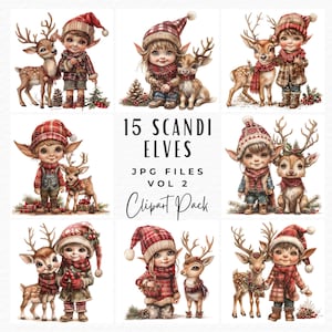 Pacchetto clipart di elfi e renne di Natale scandinavi, illustrazione clipart di Babbo Natale acquerello Nisse Scandi Gnome Deer, download digitale