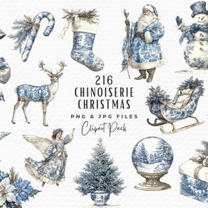Clipart toile de Noël, Mega Bundle 216 Vintage Chinoiserie des Fêtes des cliparts bleu et blanc, papier numérique éphémère JPG carte de Noël Clipart