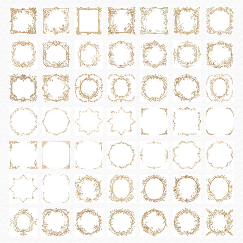 French Gold Frame Clipart Bundle, 99 Watercolor Vintage Gold Toile De Jouy Wedding Baroque Frame Clip Art, Digital Download, Floral Wedding image 2