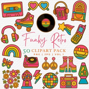 I Love the 80&#39;s Clipart Bundle, Funky Retro Neon Boombox, Cassette Tape, Walkman, Lava Lamp, Vinyl Record, Roller Skate, Digital Download