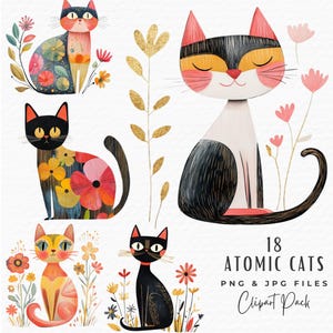 Atomic Cat Clipart Bundle, Cute Mid Century Retro Modern Black Cat Clipart PNG, Digital Download, Commercial Use, Junk Journal Scrapbooking