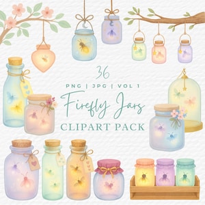 Lightning Bug Clipart, Watercolor Cute Firefly Jar Clip Art, Glowing Insect PNG JPG, Commercial Use Digital Download for Crafts and Projects