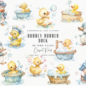 36 Gumowa kaczka w bąbelkach Clipart Bundle | Akwarela Bubbly Bath Time Baby Shower Clipart PNG Bundle | Cyfrowe pobieranie gumowej kaczki dla dzieci
