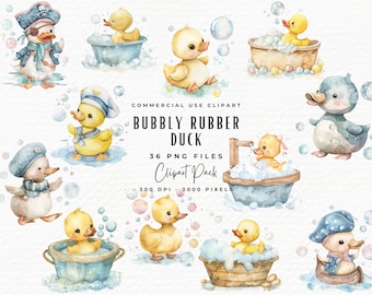 36 Rubber Duck in Bubbles Clipart Bundle | Watercolor Bubbly Bath Time Baby Shower Clipart PNG Bundle | Baby Rubber Duck Digital Download