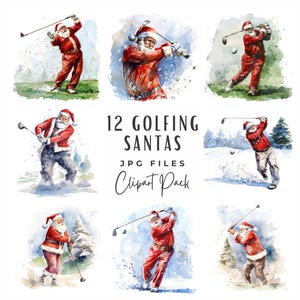 Bundle de clipart père Noël golf, 12 aquarelles Noël hiver vacances père Noël golf Clipart, clipart amateur de golf, téléchargement numérique JPG