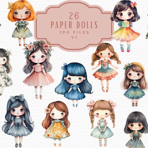 Vintage Paper Doll Girl Clipart Bundle, 26 Watercolor Digital Paper Dolls Printable Junk Journal Clipart, Digital Download Commercial Use