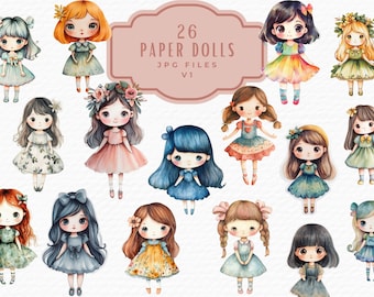 Vintage Watercolor Paper Doll Clipart, Printable Junk Journal (Digital Download)