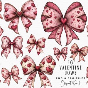 Set di clipart di fiocchi per San Valentino, 16 clipart di fiocchi estetici con cuori rossi e acquerello PNG JPG, download digitale, decorazioni per uso commerciale