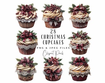 Aquarel kerstcupcakes clipart, feestelijk dessert PNG JPG (digitale download)