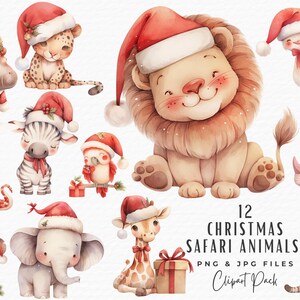 Bundle de cliparts animaux Safari bébé Noël, décoration de chambre d'enfant bébé animaux de la jungle aquarelle mignon téléchargement numérique des cliparts tout usage commercial