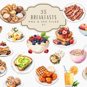 Watercolor Breakfast Clipart Bundle, Cute Food Illustrations, PNG Graphics, Digital Download, Commercial Use, Morning Meal Printable Art