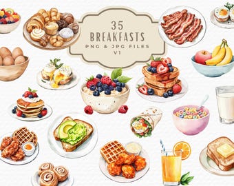 Watercolor Breakfast Clipart Bundle, Food Illustrations (Digital Download)