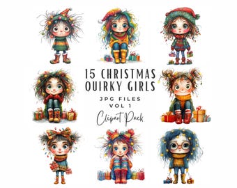Watercolor Christmas Girl Clipart Bundle, Whimsical Xmas JPGs (Digital Download)