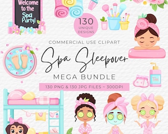Spa Sleepover Clipart Mega Bundle – 130 Unique Designs PNG & JPG Files – Girl&#39;s Beauty Spa Self Care Pajama Party Graphics – Commercial Use