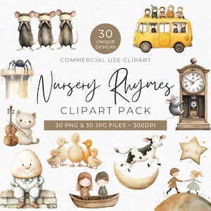 Watercolor Nursery Rhyme Clipart, 30 PNG & JPEG Designs, Fairy Tale Storybook Baby Shower Digital Download, Commercial Use, Mother Goose Art
