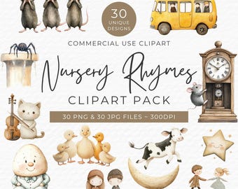 Watercolor Nursery Rhymes Clipart, Fairy Tale Designs (Digital Download)