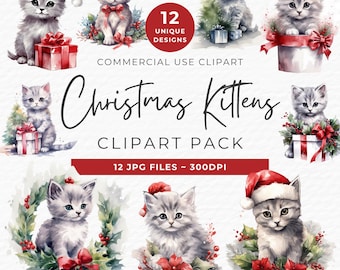 Christmas Kitten Clipart Bundle, Cute Watercolor Christmas Cat Clipart JPG, Digital Download Commercial Use, Sublimation Scrapbook Images