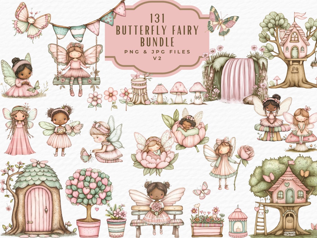 Pink Fairy Butterfly Clipart Bundle, Fantasy Fairytale Art, Watercolor ...