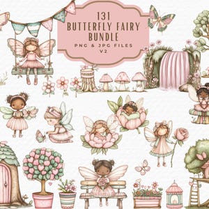 Rosa Fee Schmetterling Clipart Bundle, Fantasy Märchen Kunst, Aquarell Frühling Natur Fee Garten Pilz Haus Clipart, digitaler Download