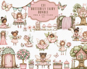 Aquarell Schmetterling Fee Clipart Bundle, rosa Frühlingsgarten (digitaler Download)