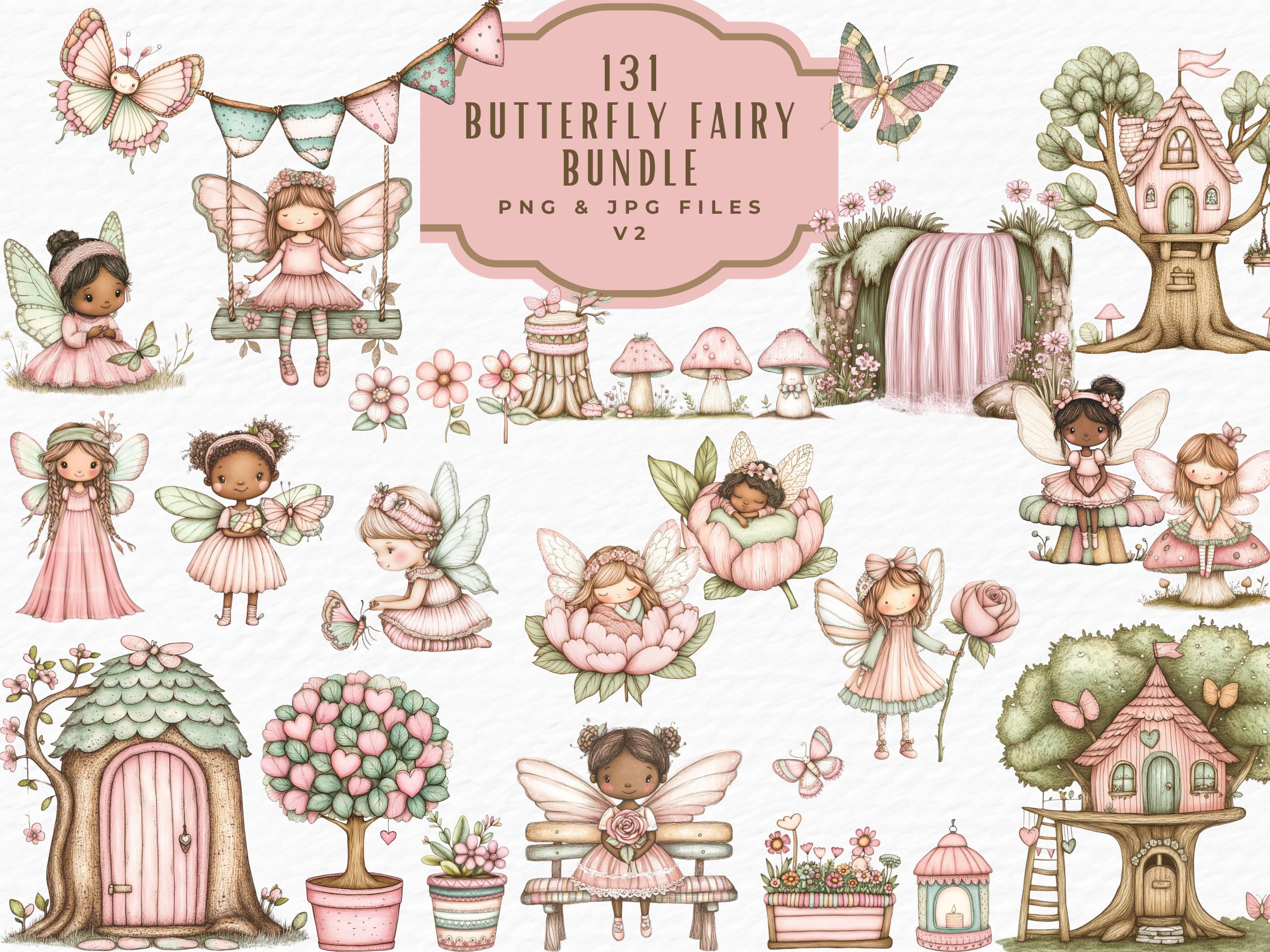 Watercolor Butterfly Fairy Clipart Bundle, Pink Spring Garden (digital ...