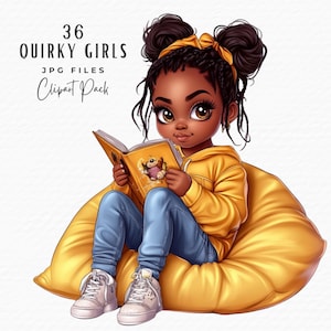 Quirky Girl Clipart, Cute Whimsical Pastel Watercolor African American Black Girl JPG, Junk Journal Planner Girl Scrapbook Digital Download