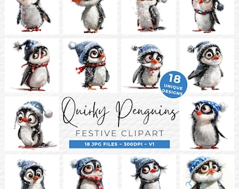Quirky Festive Penguin Clipart, Digital Download, Cute Christmas Printable Graphics, Holiday Art for Card Making