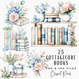 Clipart de libro de acuarela Cottagecore, amante de los libros pastel, estantería de libros, lomos de libros florales PNG, descarga digital para uso comercial