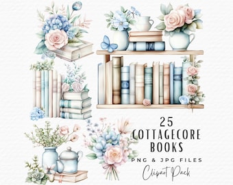 Clipart de libro estilo cottagecore en acuarela: Pila de libros florales (descarga digital)