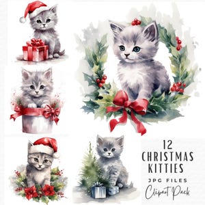 Christmas Kitten Clipart Bundle, Cute Watercolor Christmas Cat Clipart JPG, Digital Download Commercial Use, Sublimation Scrapbook Images