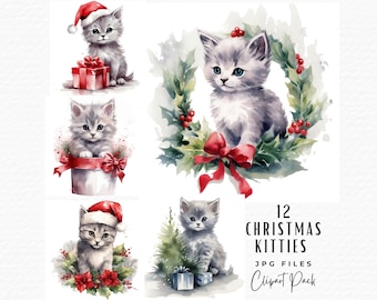 Watercolor Christmas Kitten Clipart Bundle, Festive Cat Images (Digital Download)