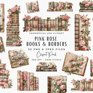 Aquarel boek clipartbundel, 32 roze roos boekrand png, schoolleraar illustraties, boekenliefhebbers boekenstapel clipart digitale download jpeg