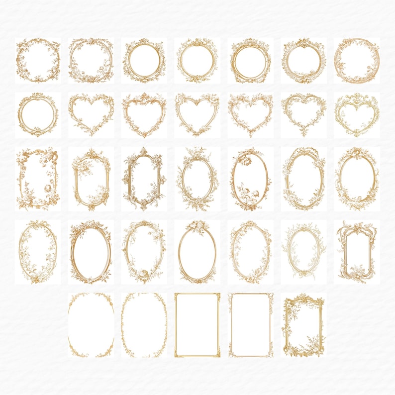 French Gold Frame Clipart Bundle, 99 Watercolor Vintage Gold Toile De Jouy Wedding Baroque Frame Clip Art, Digital Download, Floral Wedding image 3