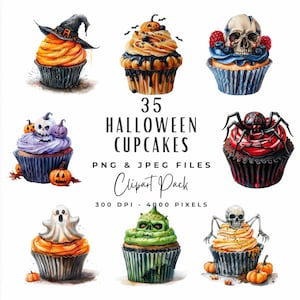 Imágenes prediseñadas de cupcakes de Halloween / Imágenes prediseñadas de Halloween de truco o trato con acuarela / Imágenes prediseñadas de cupcakes de fantasma, calabaza, araña, esqueleto, bruja, murciélago, monstruo