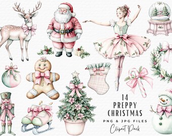 May include: A set of 14 preppy Christmas clip art images in watercolor style. The images include a ballerina, Santa Claus, a gingerbread person, a reindeer, a snowman, a Christmas tree, a nutcracker, a candy cane, a stocking, a wreath, a snow globe, and a Christmas ornament.