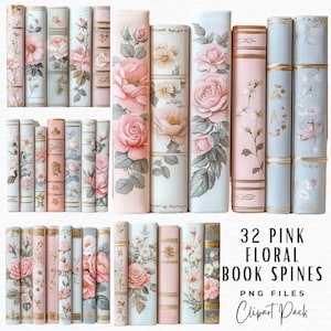 Clipart de lomo de libro, 32 imágenes prediseñadas de lomos de libro con flores rosas vintage en acuarela, descarga digital para uso comercial, diseño de diario basura PNG